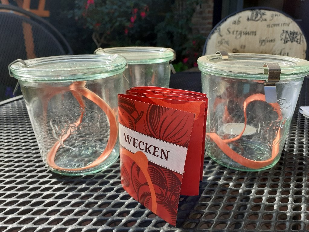 3 inmaakpotten merk Weck met boekje, nooit gebruikt, Nieuw, Ophalen of Verzenden, Overige merken, Glas