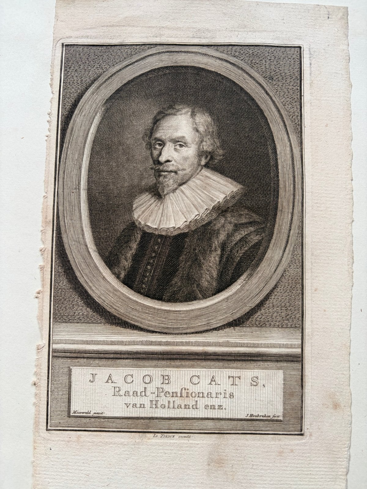 Originele 18e-eeuwse gravure Jacob Cats door J. Houbraken, Gesigneerd, Ophalen of Verzenden, Gravure, 11 cm