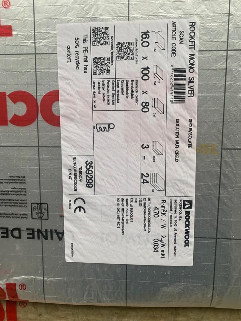 Rockwool 160mm dik 2,4m2 per pak, 12 cm of meer, Steenwol, Ophalen of Verzenden, Zo goed als nieuw