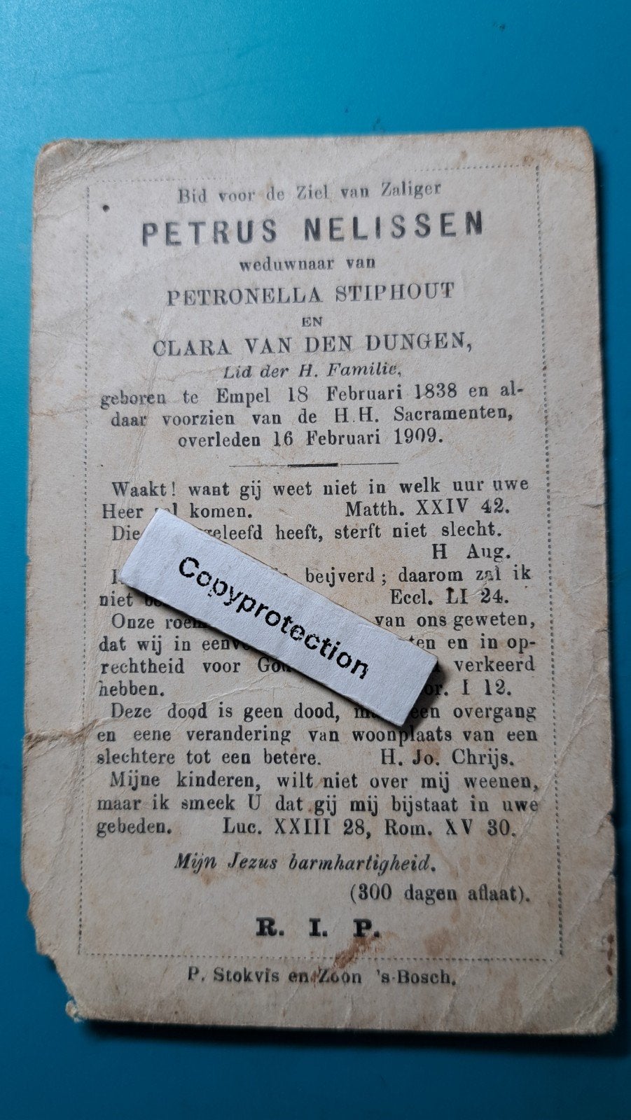 Petrus Nelissen, Empel 1838, + Empel 1909, Verzamelen, Verzenden, Bidprentje