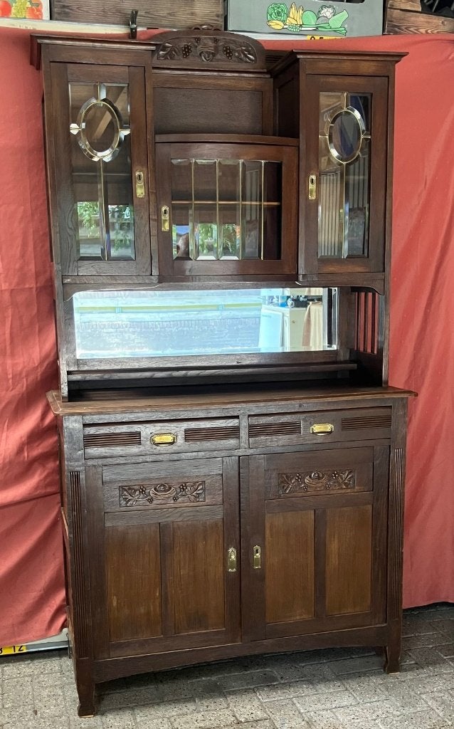 Antieke eiken buffetkast, afm. 125 x 50 x 225 cm m.facetglas, Ophalen, Gebruikt, 200 cm of meer, Klassiek