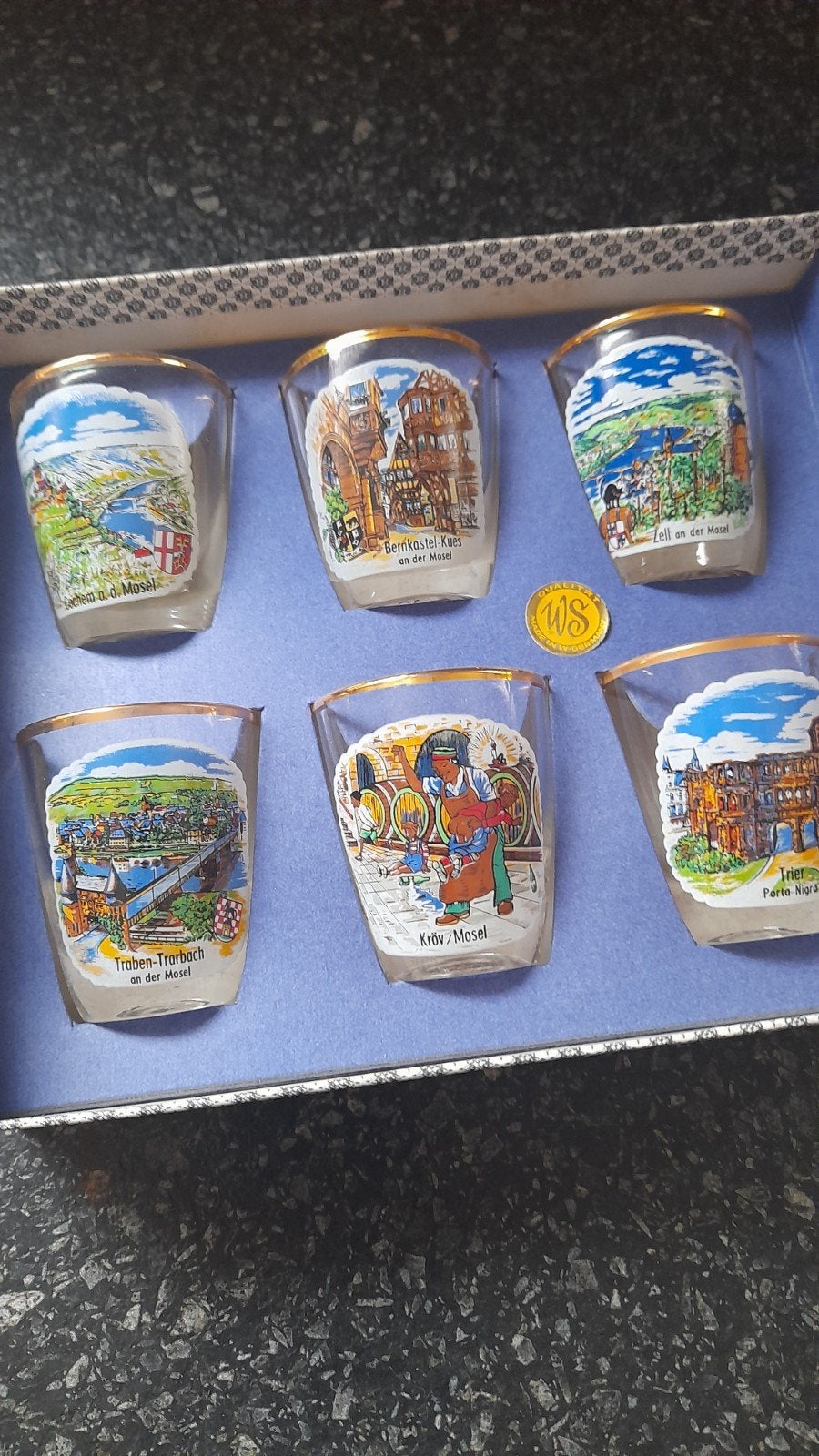 Set van 6 nieuwe Mosel souvenir glaasjes in doos, Ophalen, Glas of Glazen, Nieuw, Glas