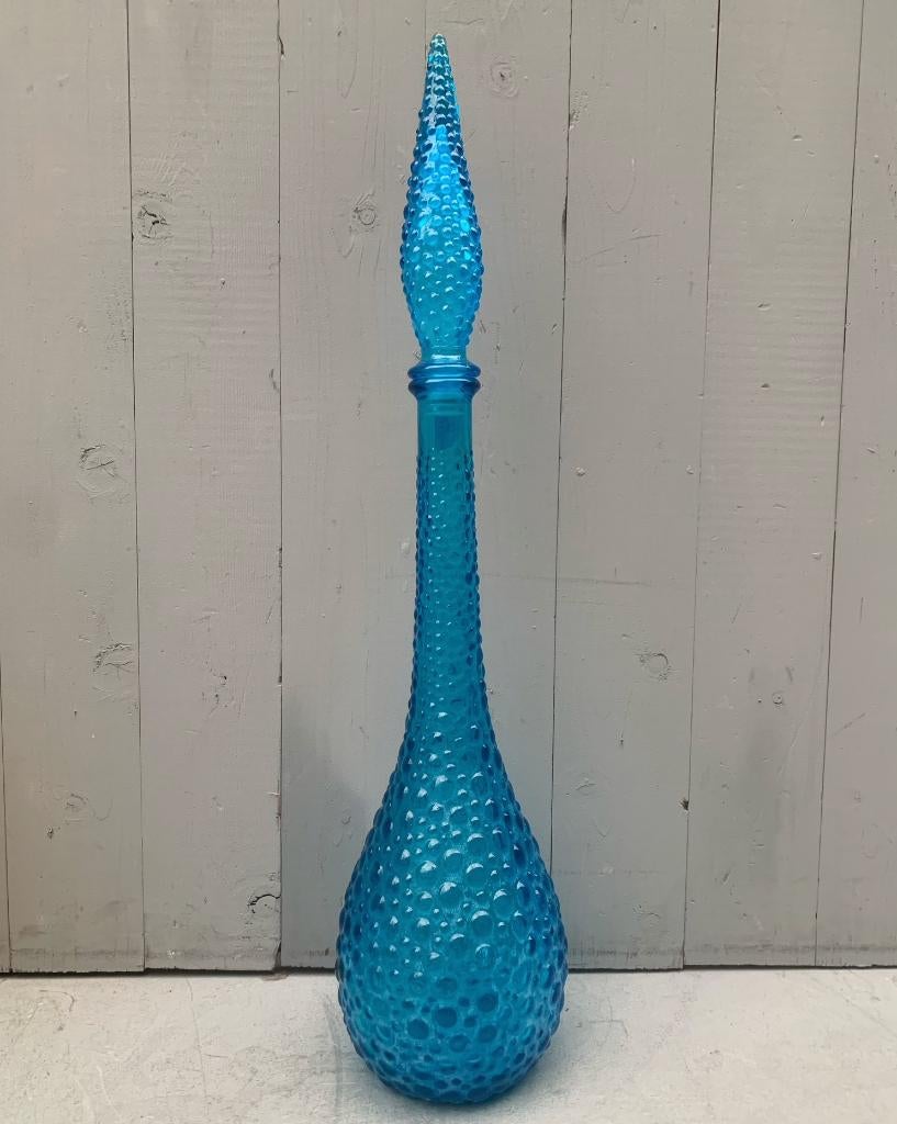Blauwe glazen Empoli fles / karaf met dop - vintage retro, Ophalen