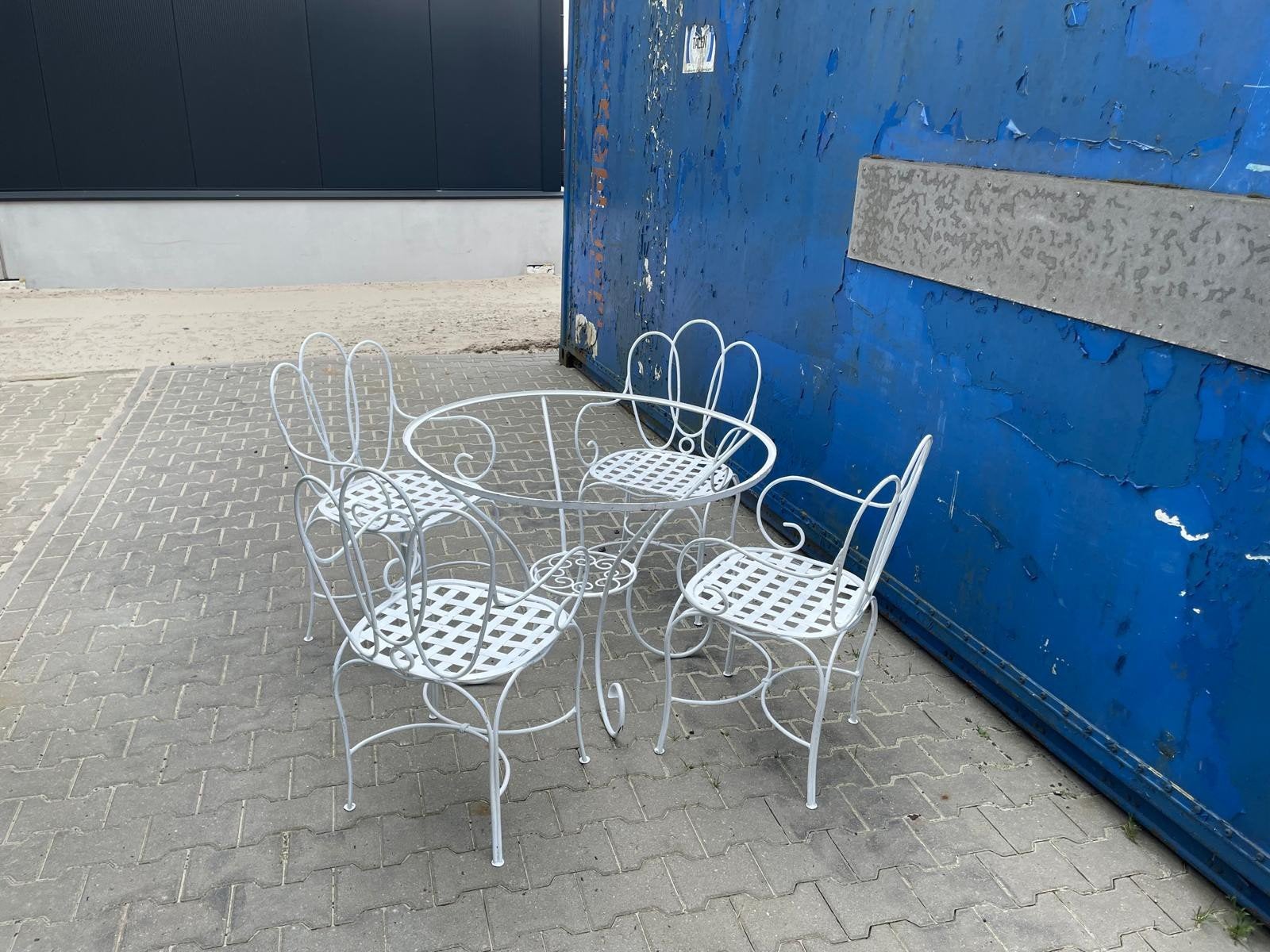 Antieke Witte Metalen Tuinset - 4 Stoelen & Tafel, Ophalen, Gebruikt, Tuinset, Eettafel