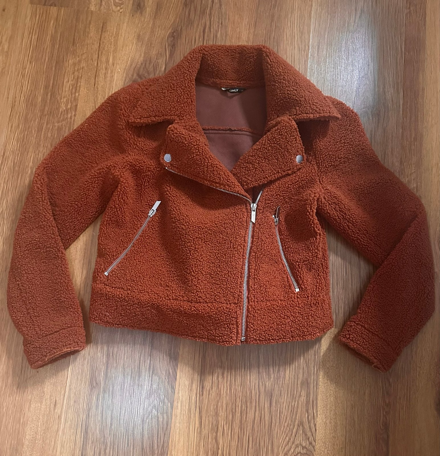 Bikerjack jas cognac roodbruin roestbruin teddy bouclé XS, Kleding | Dames, Ophalen of Verzenden, Zo goed als nieuw, Maat 34 (XS) of kleiner
