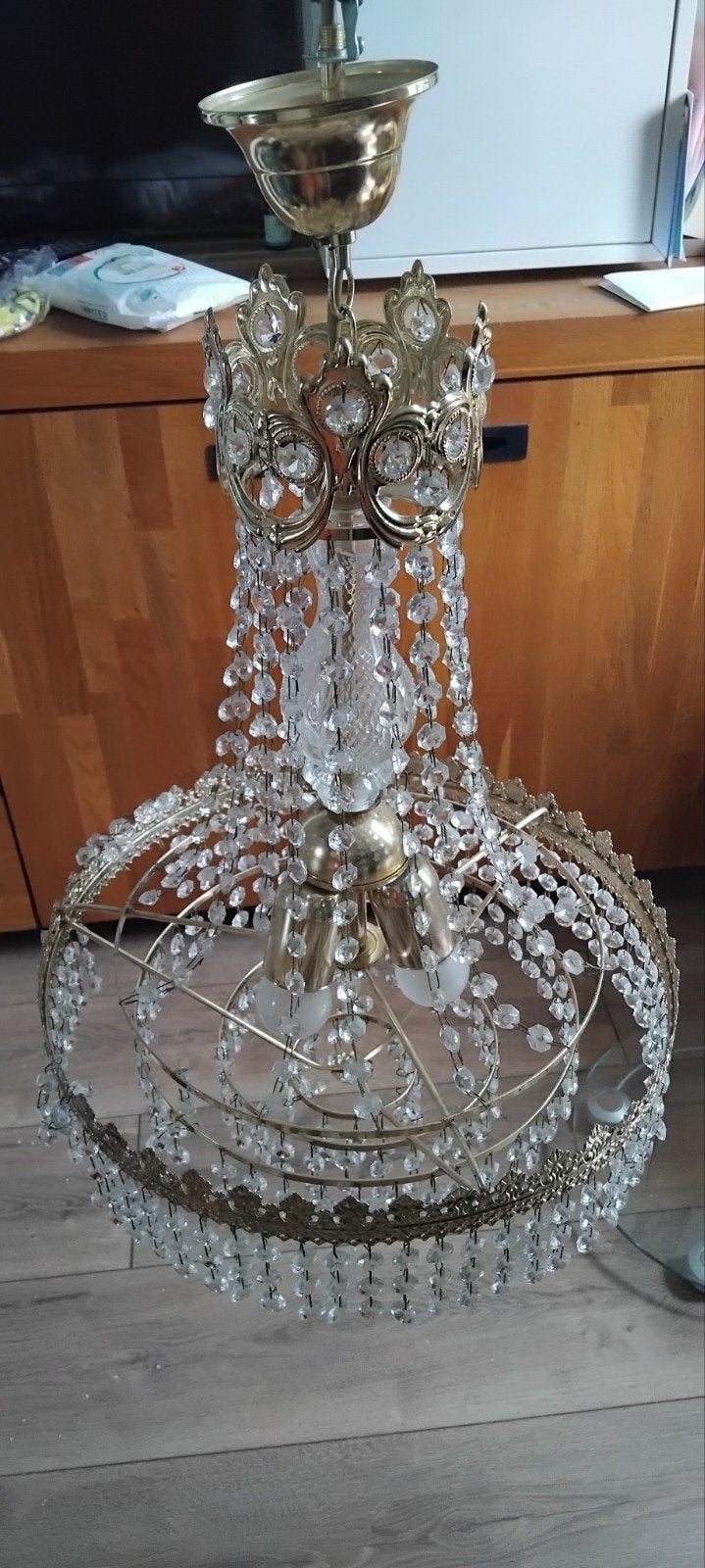 Gouden Kroonluchter met Kristallen, Huis en Inrichting, Lampen | Kroonluchters, Gebruikt, Klassiek, Glamour, E14 (klein), Ophalen of Verzenden