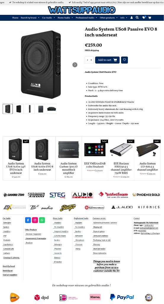 Audio System US08 Passive EVO 8 inch underseat, Auto diversen, Info@optimount.nl, Nieuw, Ophalen of Verzenden, Anholtseweg 48A 7091 HB DINXPERLO