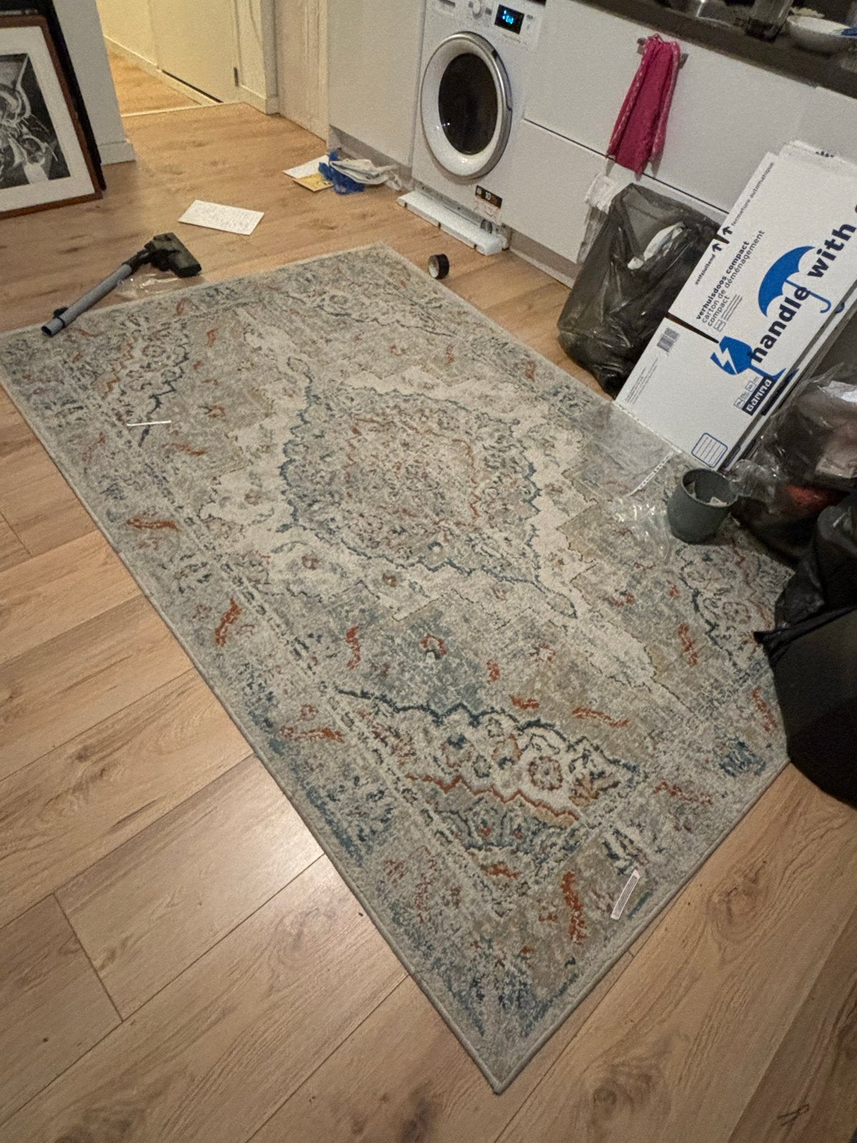 Vintage vloerkleed met Oosters patroon - Grijs/Blauw/Oranje, Gebruikt, 100 tot 150 cm, Ophalen of Verzenden, 150 tot 200 cm