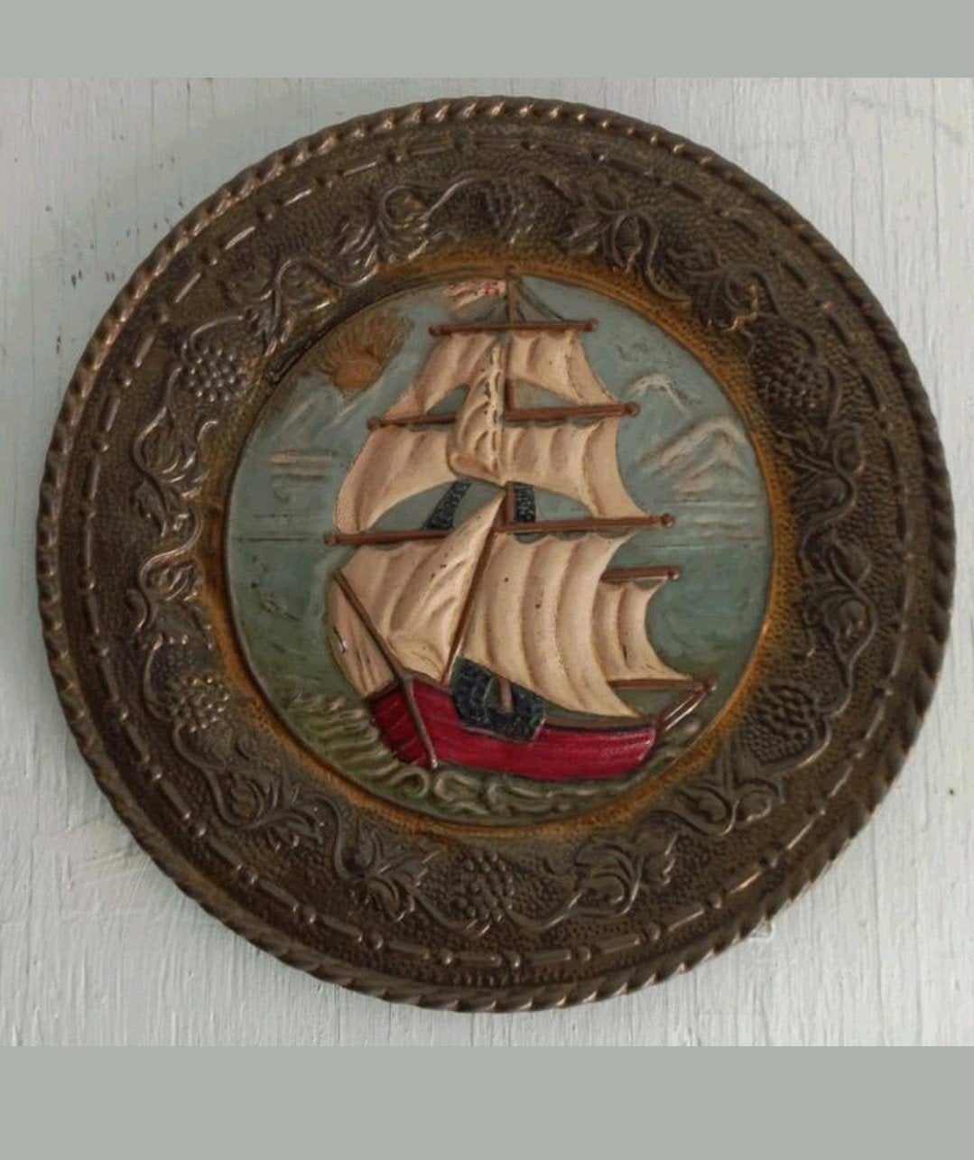 Vintage messing wandbord met schip, Ophalen of Verzenden