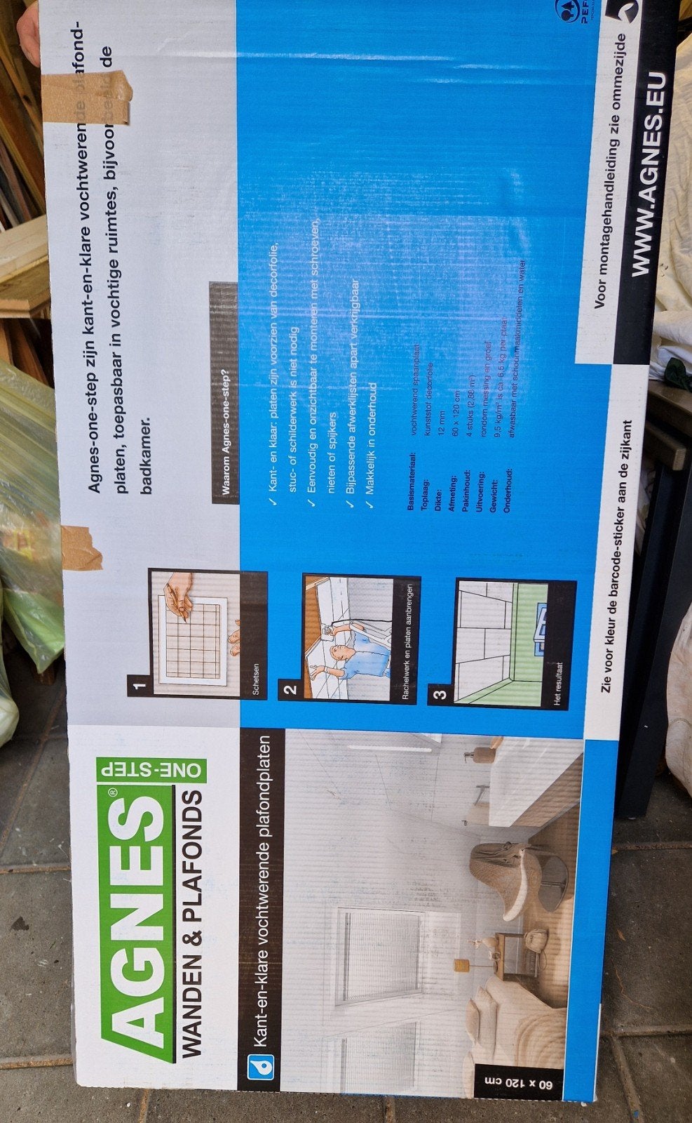 3x Agnes One-Step Plafondplaat Vochtwerend Wit Stuc 120x60cm, Doe-het-zelf en Verbouw, Platen en Panelen, Ophalen
