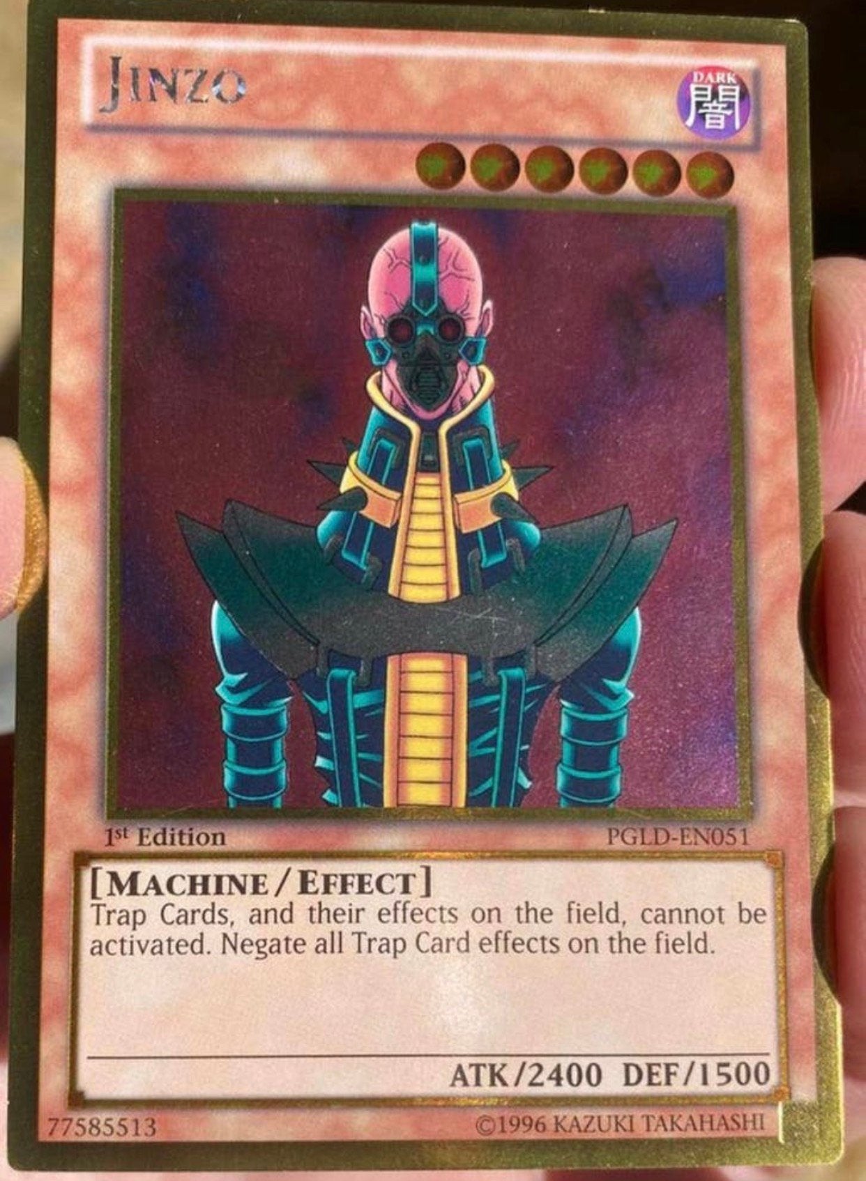 Yu-Gi-Oh! Jinzo PGLD 1st Edition !, Ophalen of Verzenden, Gebruikt, Losse kaart, Foil