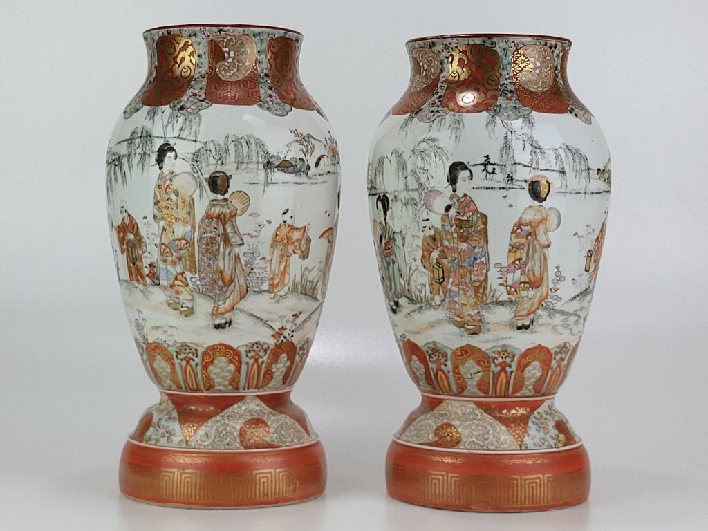 Antieke Kutani Pedestaal Vazen – Watatani Heibei (Watahei), Ophalen of Verzenden