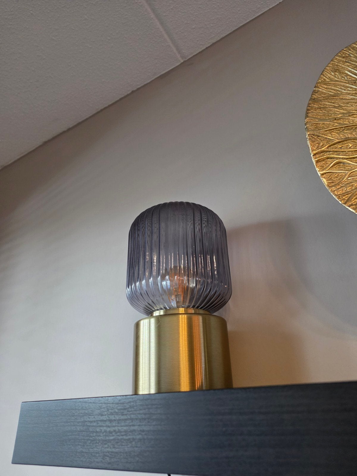 2x IKEA SOLKLINT Tafellampen  Goudkleurig met Geribbeld Glas, Huis en Inrichting, Ophalen, Goud, Zo goed als nieuw, Glas