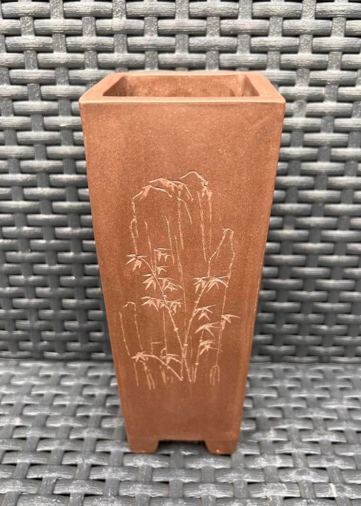 Bonsai Cascade pot gedecoreerd ongeglazuurd 7,5x7,5x20,2, Vierkant, Ophalen of Verzenden, Zo goed als nieuw, Aardewerk