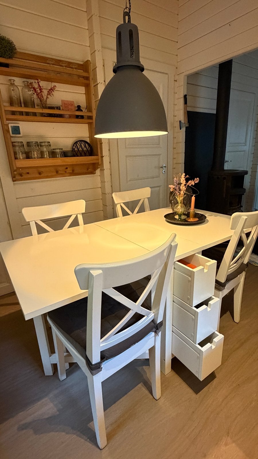 Witte inklapbare eettafel model Norden met 4 stoelen, Huis en Inrichting, Tafels | Eettafels, Ophalen, Gebruikt, 100 tot 150 cm