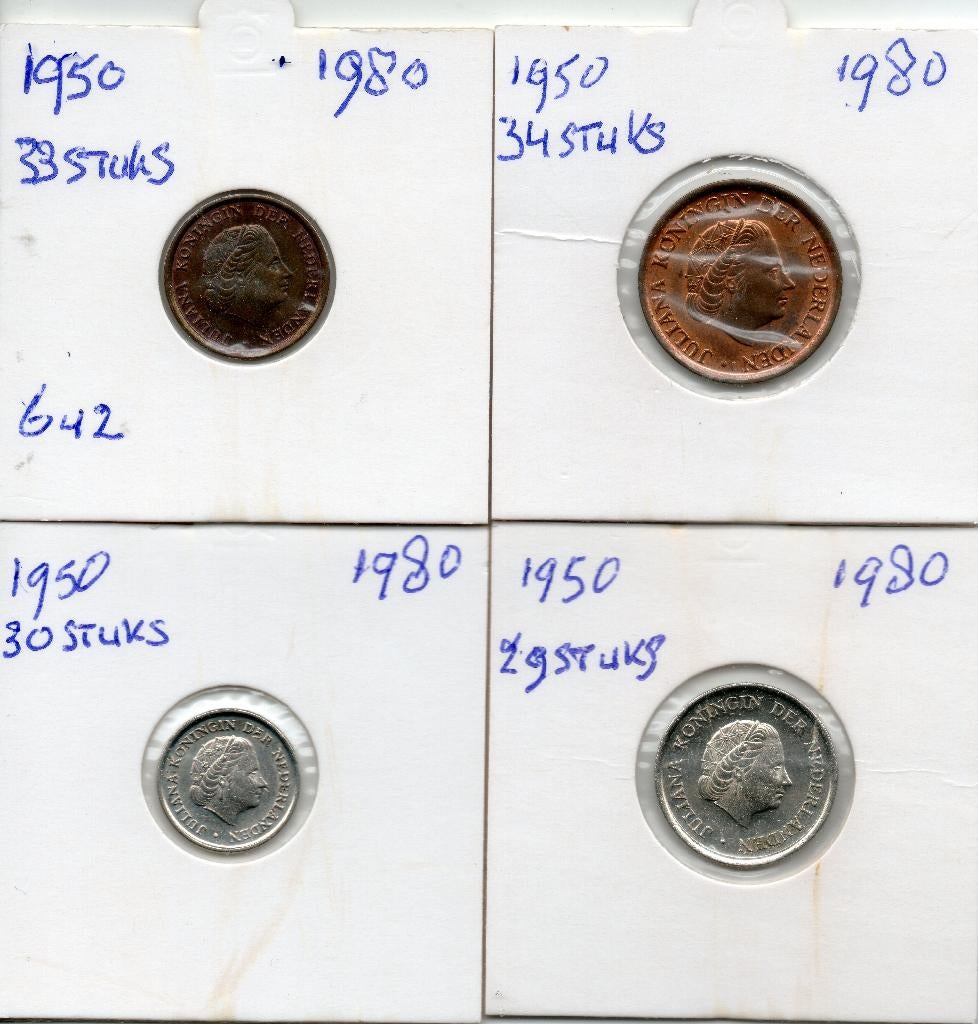 JULIANA 4 SETS MUNTEN 1-5-10-25 CENT 1950 T/M 1980, Postzegels en Munten, Munten | Nederland, Ophalen of Verzenden, Koningin Juliana