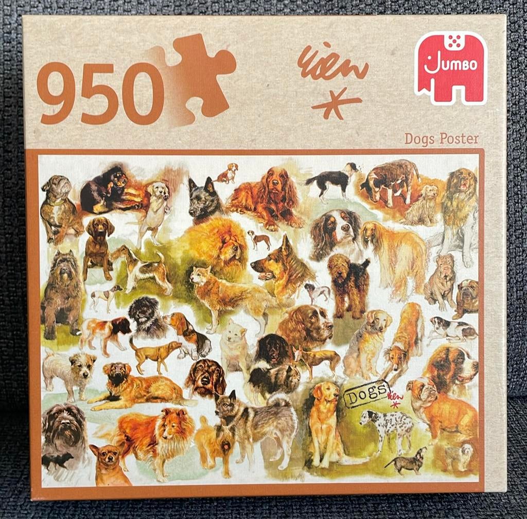 Jumbo puzzel “Dogs poster” van Rien Poortvliet, Ophalen of Verzenden, 500 t/m 1500 stukjes, Zo goed als nieuw