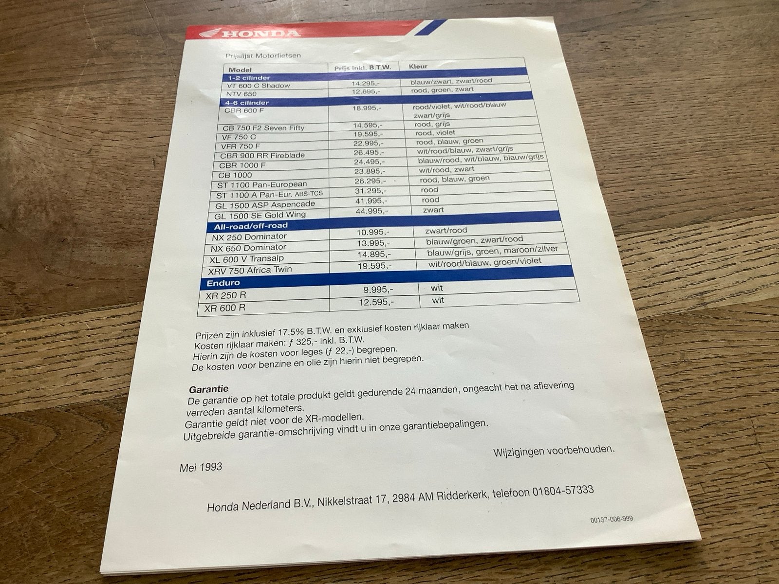 Honda Prijslijst Motoren Mei 1993., Motoren, Verzenden, Honda