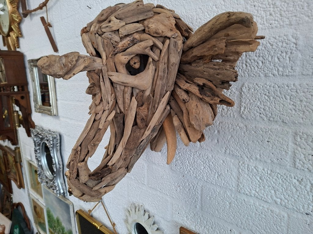 schitterende handgemaakte wand olifant van drijfhout, Ophalen of Verzenden, Handgemaakt, Houtsnijwerk