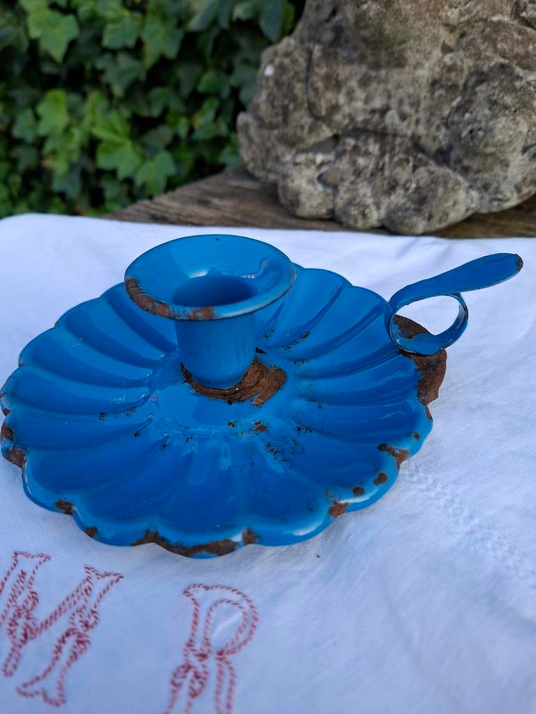 Blauwe emaille kandelaar/blaker, Gebruikt, Blauw, Ophalen of Verzenden, Metaal