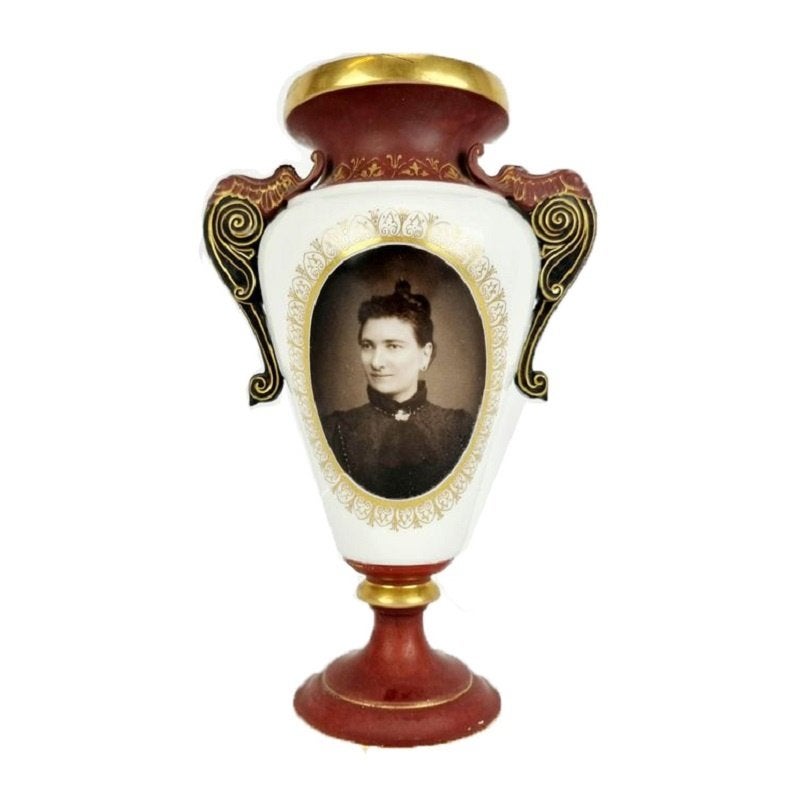 Porseleinen Vintage Vergulde Vaas met Afbeelding Antiek, Ophalen of Verzenden