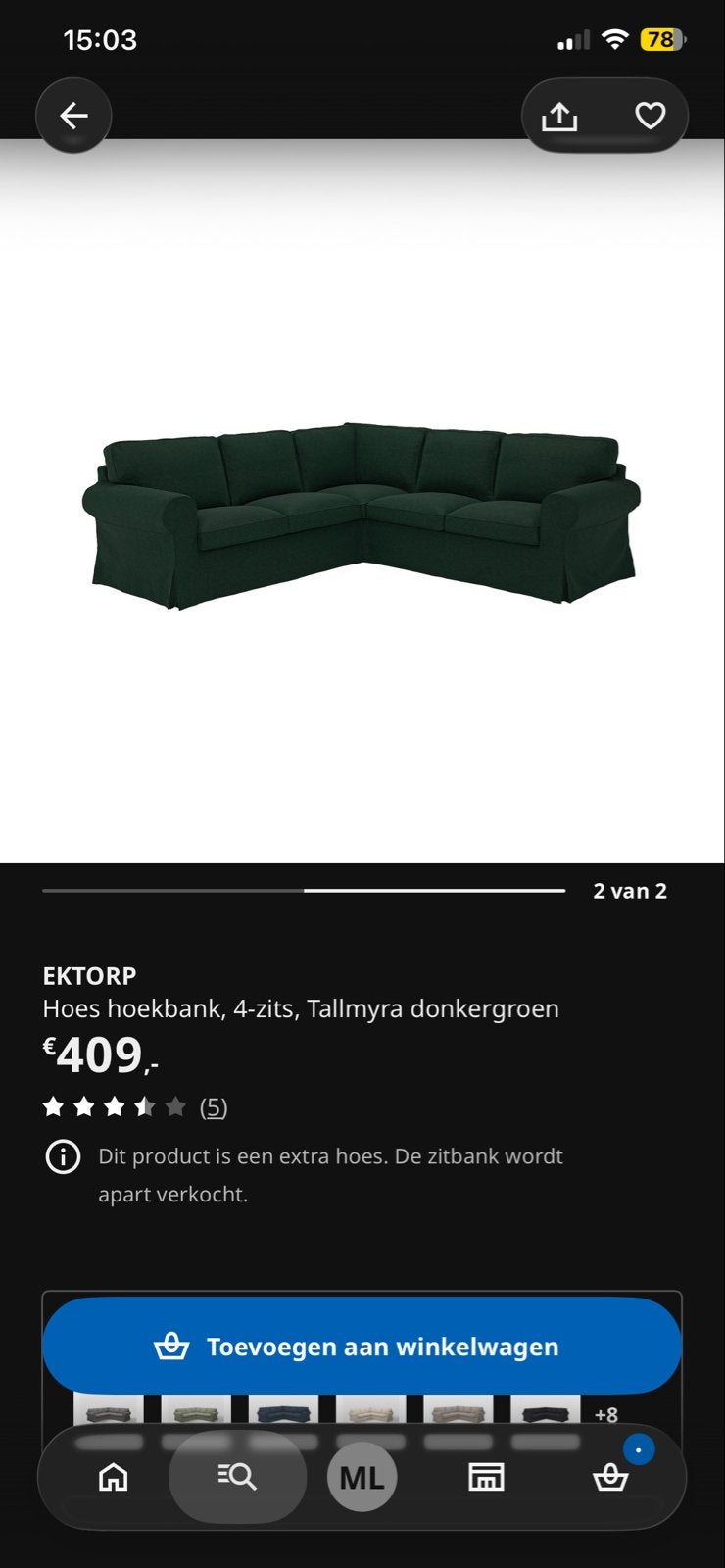 IKEA Ektorp hoes voor hoekbank, Tallmyra donkergroen, Ophalen, Hoekbank, 75 tot 100 cm, Zo goed als nieuw