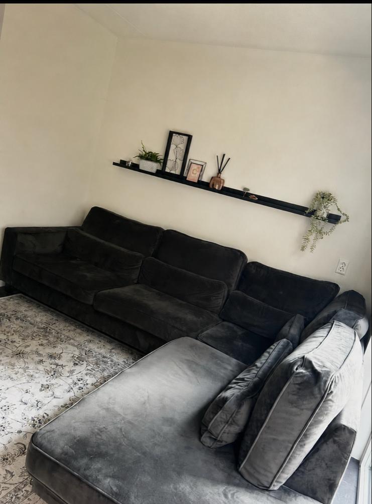 Grote grijze hoekbank- rechts, Huis en Inrichting, Banken | Bankstellen, Ophalen, 100 tot 125 cm, Hoekbank, 300 cm of meer