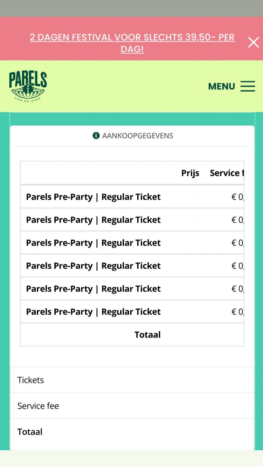 6 Tickets pre party parels van de stad, Drie personen of meer