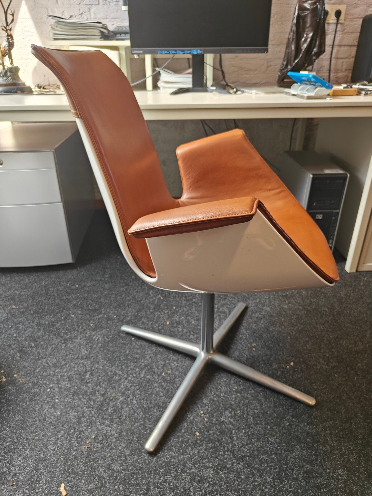 Walter Knoll FK tulip stoel draaibaar leer, Ophalen, Vintage retro design modern, Bruin, Leer