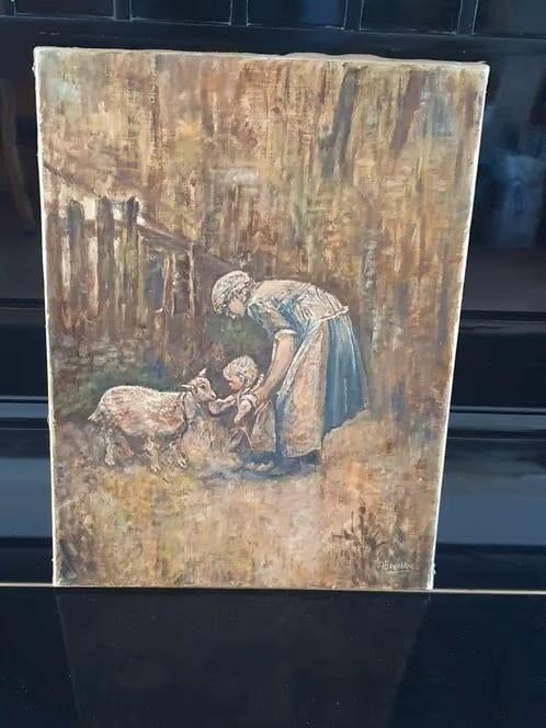 Drents Schilderij A. Boertien Moeder meisje en geit Drente, Antiek en Kunst, Ophalen