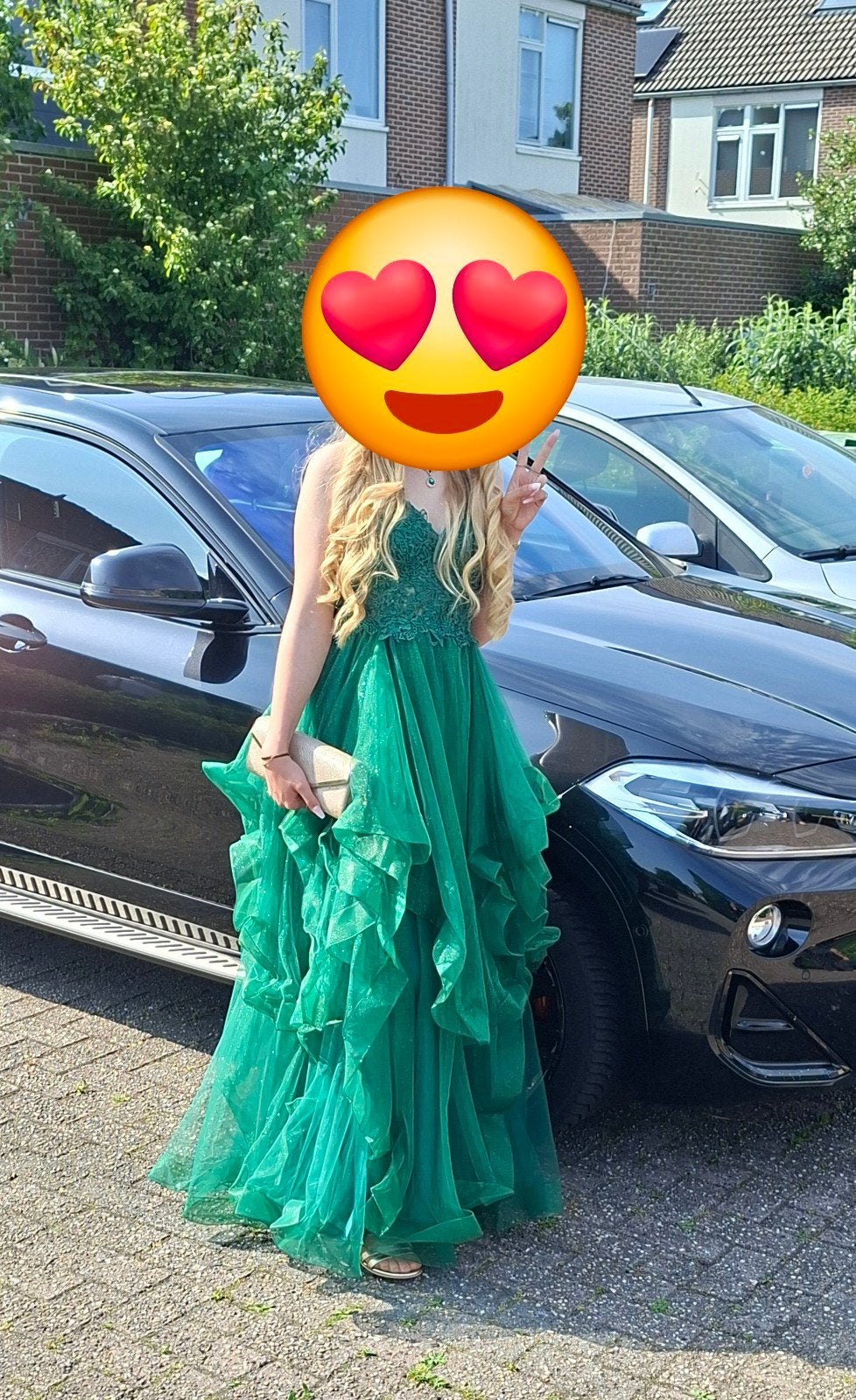 Prachtige smaragdgroene galajurk met ruches, Ophalen of Verzenden, Maat 36 (S), Onbekend, Zo goed als nieuw