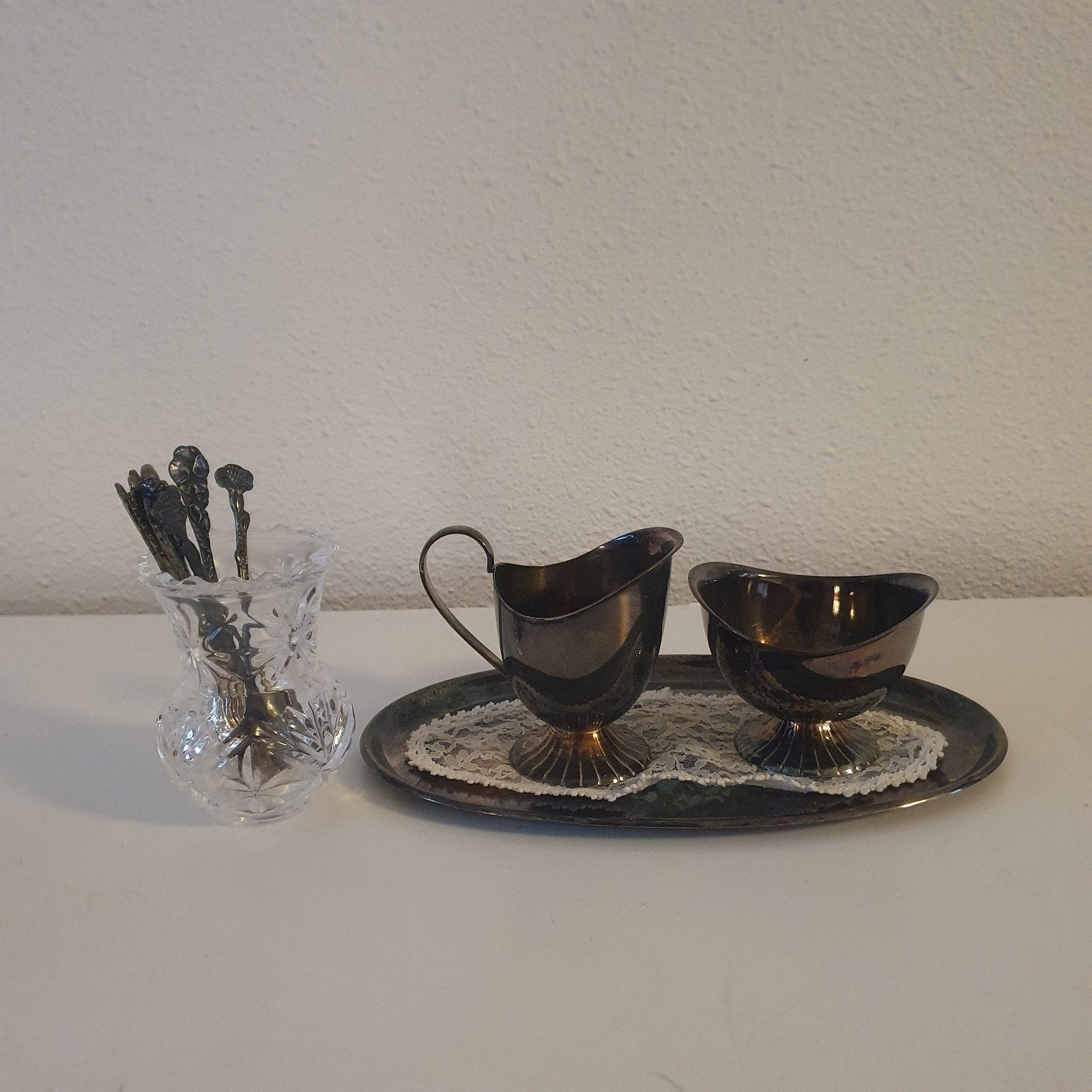 Antieke zilveren en verzilverde lepeltjes en suiker/melk set, Ophalen of Verzenden