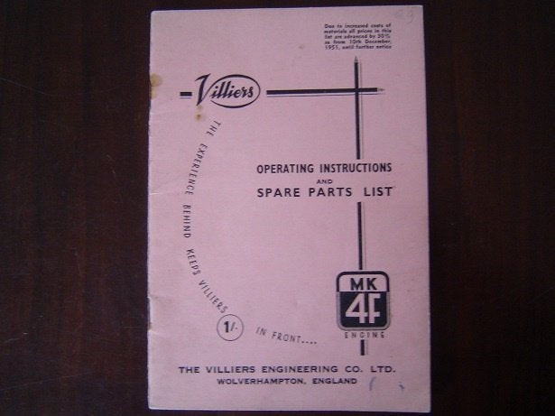 Villiers MK 4F 98cc 1952 instruction parts manual, Motoren, Ophalen of Verzenden, Overige merken
