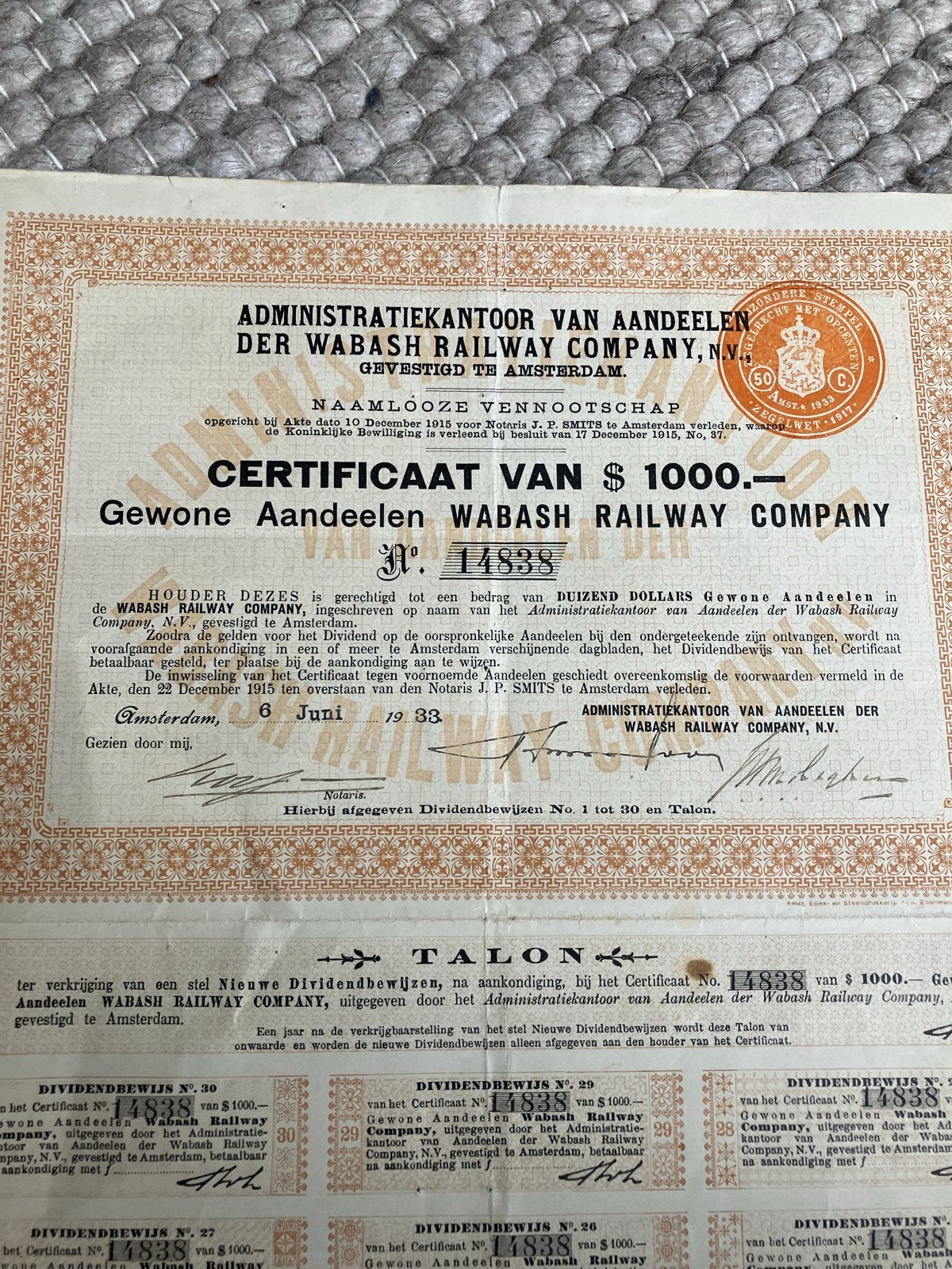 Certificaat van Aandeel Wabash Railway Company, Ophalen of Verzenden, 1920 tot 1950, Certificaat van aandeel