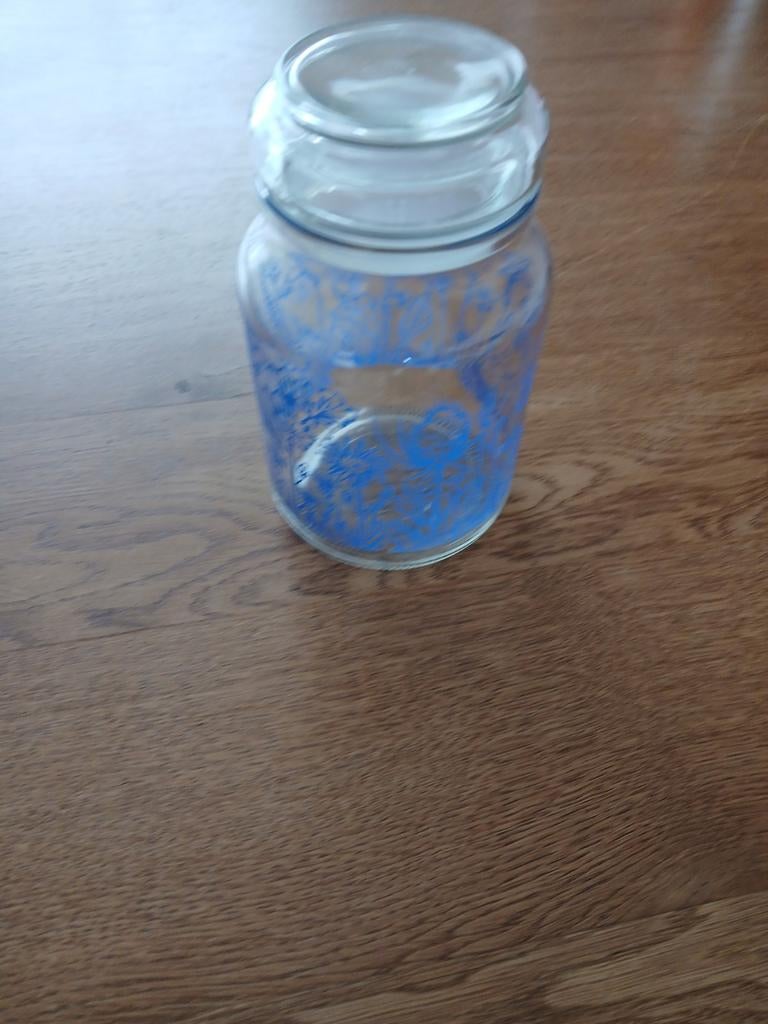 Glazen pot met blauw bloemenpatroon, Ophalen of Verzenden
