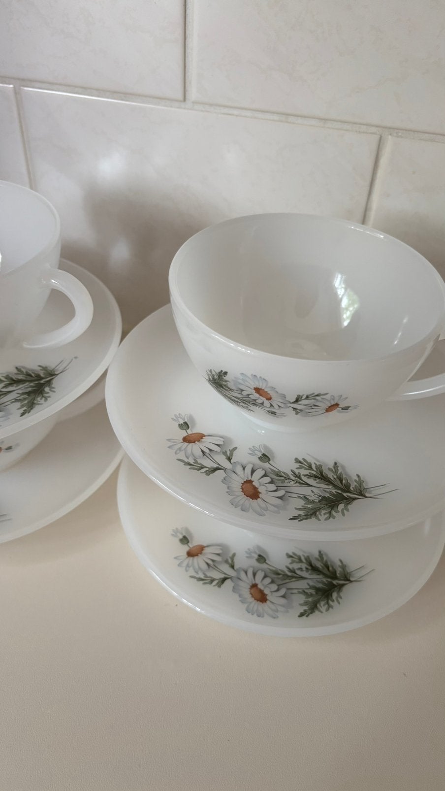 Vintage Arcopal Marguerite kop en schotels | Set van 4, Ophalen of Verzenden
