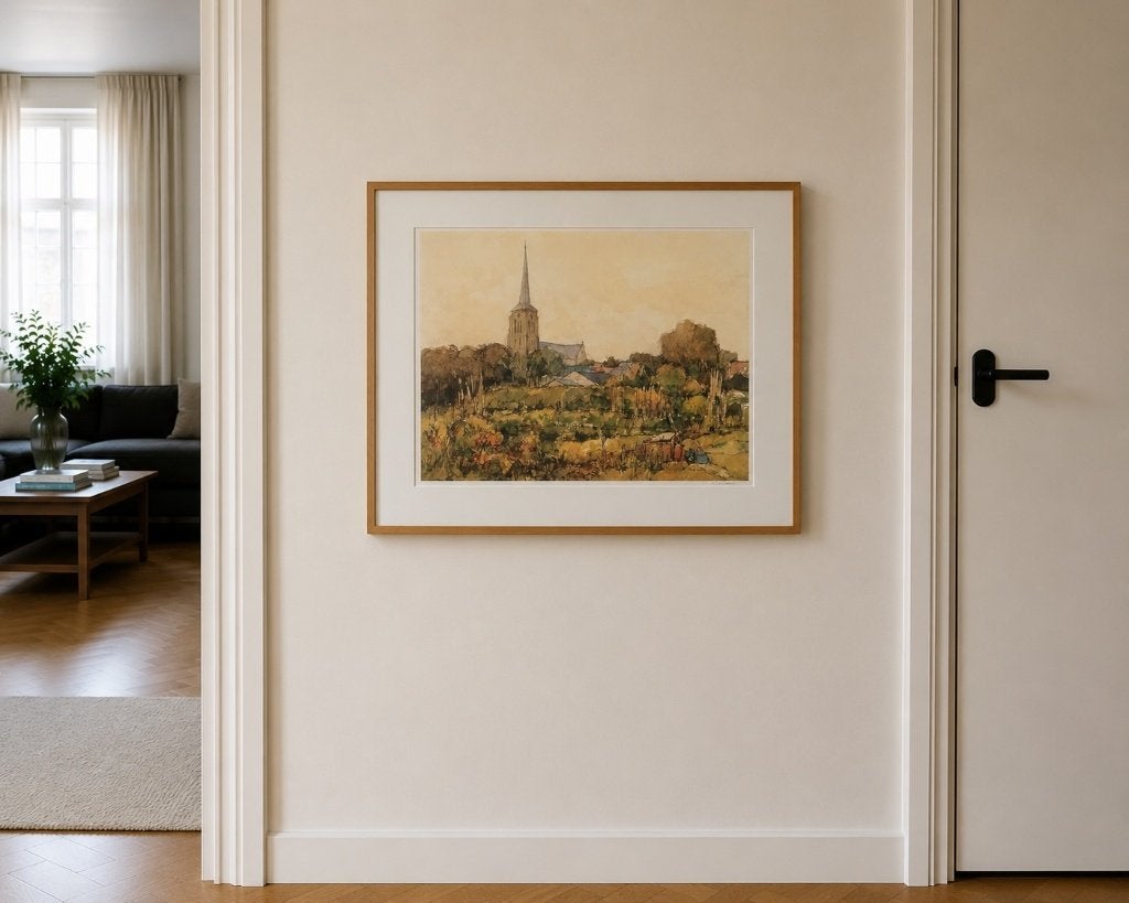 Sepia aquarel Gezicht op Zesgehuchten Geldrop Frans Manders, Ingelijst, Overige technieken, Ophalen of Verzenden, Landschap