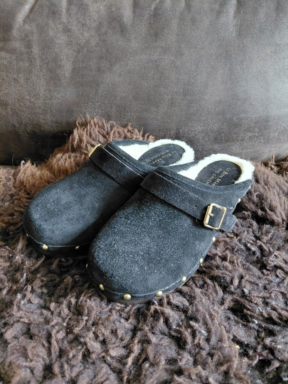 leren klompjes wol gevoerd, Zwart, Nieuw, La Bon Maché, Sandalen of Muiltjes