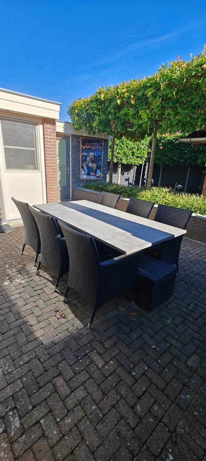 Tuintafelset: natuurstenen tafel 200x100 + 6 wicker stoelen, Ophalen, Gebruikt, Rechthoekig, Wicker
