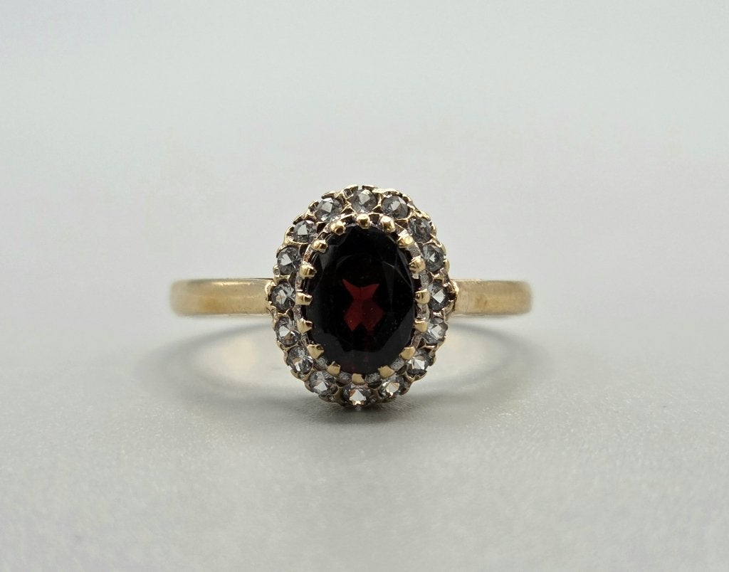 Vintage gouden ring met granaat en diamanten. Nr: 4, Sieraden, Tassen en Uiterlijk, Antieke sieraden, Ophalen of Verzenden, Goud