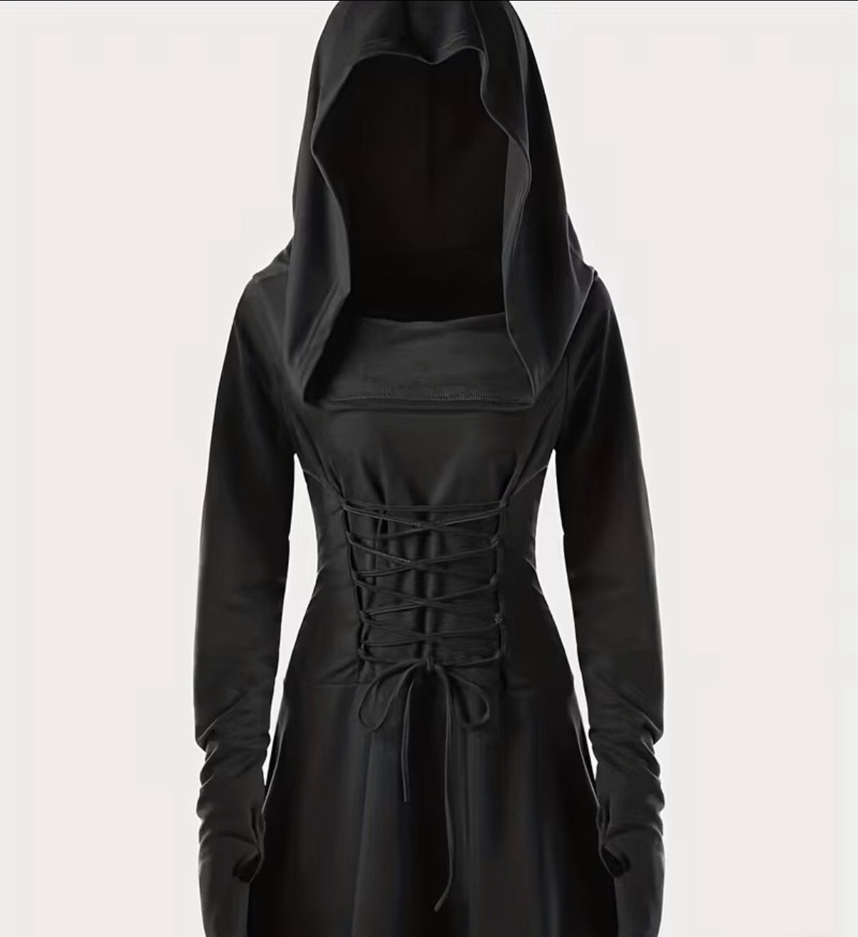 Middeleeuwse Damesjurk met Capuchon - maat S, Kleding | Dames, Jurken, Zo goed als nieuw, Maat 36 (S), Zwart, Boven de knie, Ophalen of Verzenden