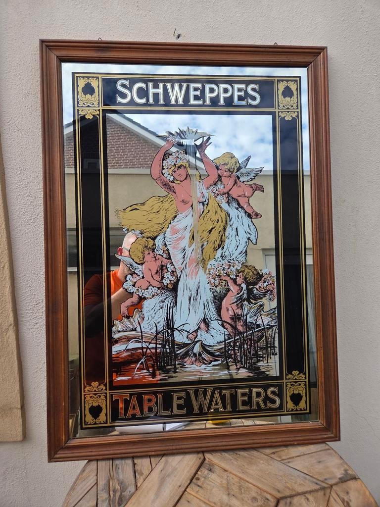 Grote Schweppes reclamespiegel in lijst, Verzamelen, Merken en Reclamevoorwerpen, Ophalen, Zo goed als nieuw, Reclamebord