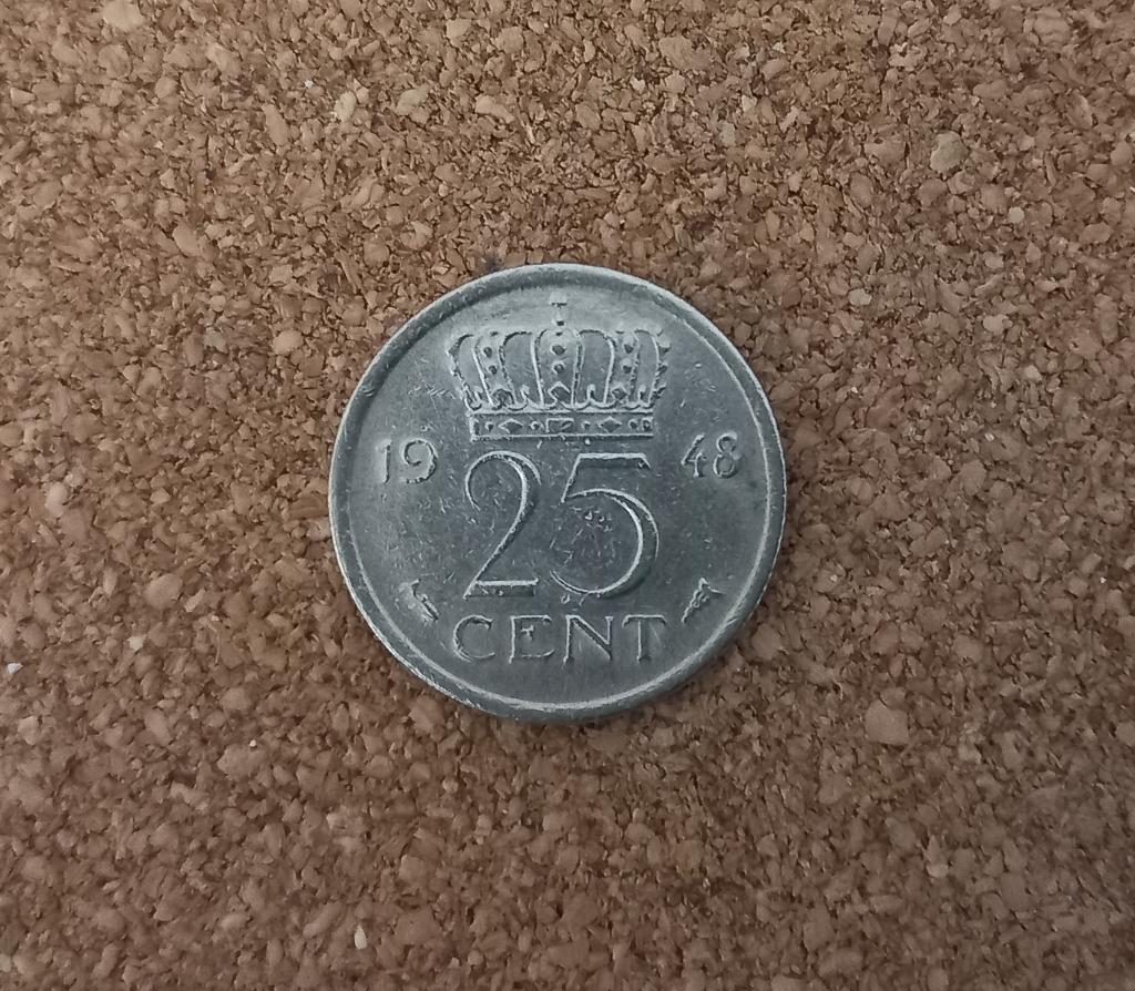 Wilhelmina kwartje 1948, Ophalen of Verzenden, Koningin Wilhelmina, 25 cent, Losse munt