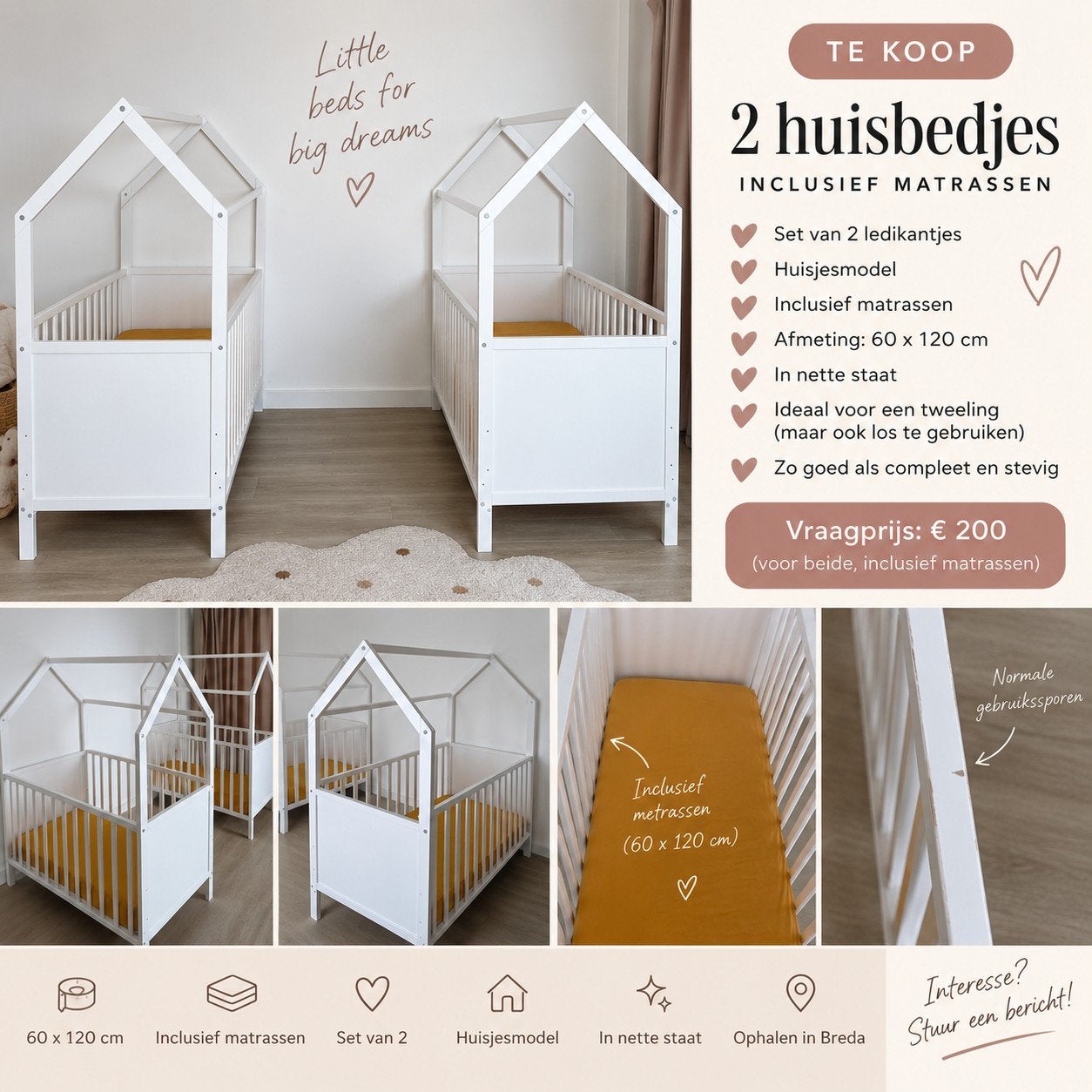 2x huisbed/ledikant 70x140 incl. matrassen, Ophalen of Verzenden, Gebruikt, Minder dan 140 cm, Minder dan 70 cm
