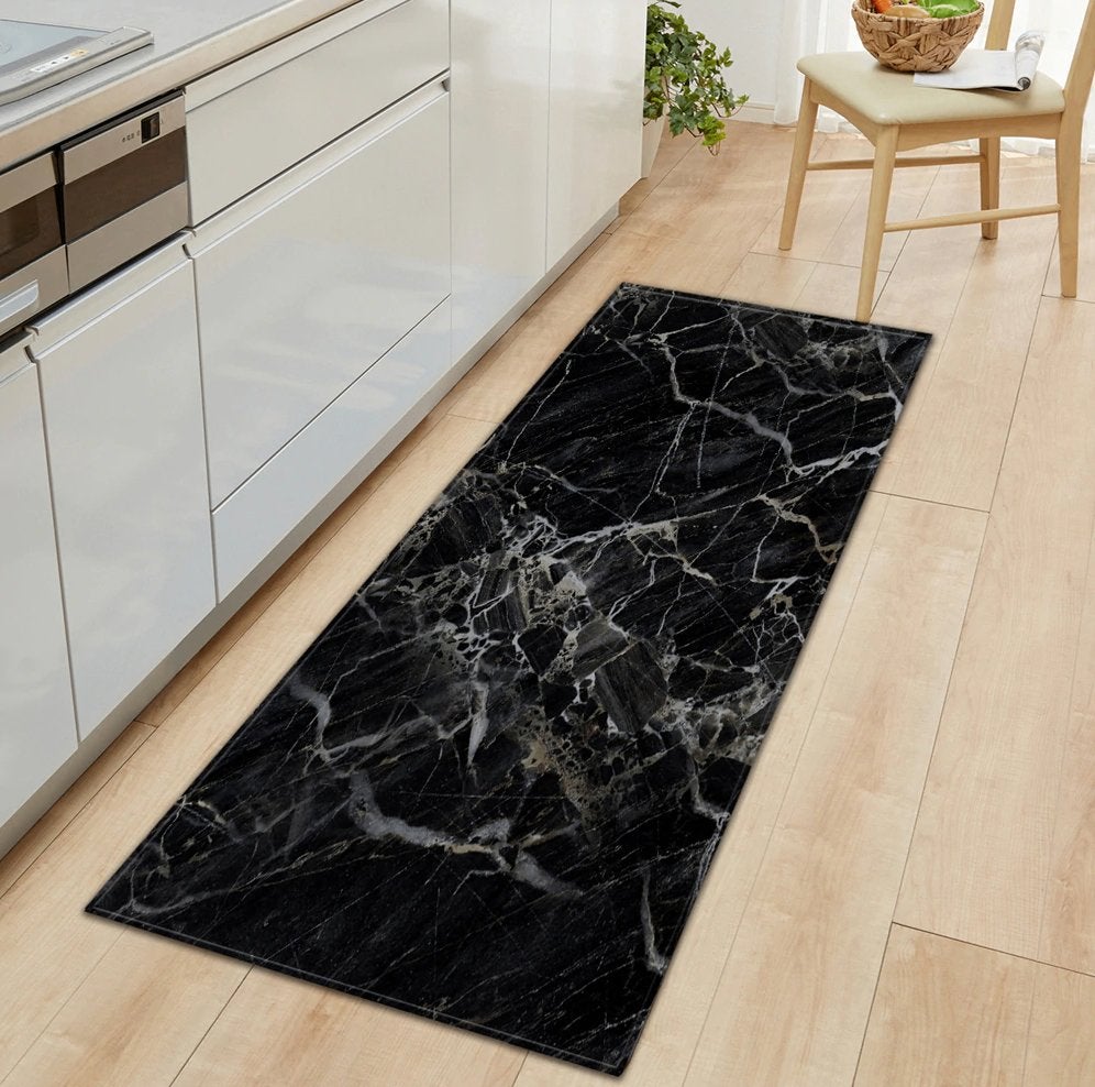 Zwart Marmer Vloerkleed / 3D Kleed Vloermat Mat Loper Stenen, Verzenden, Zwart, 50 tot 100 cm, Rechthoekig