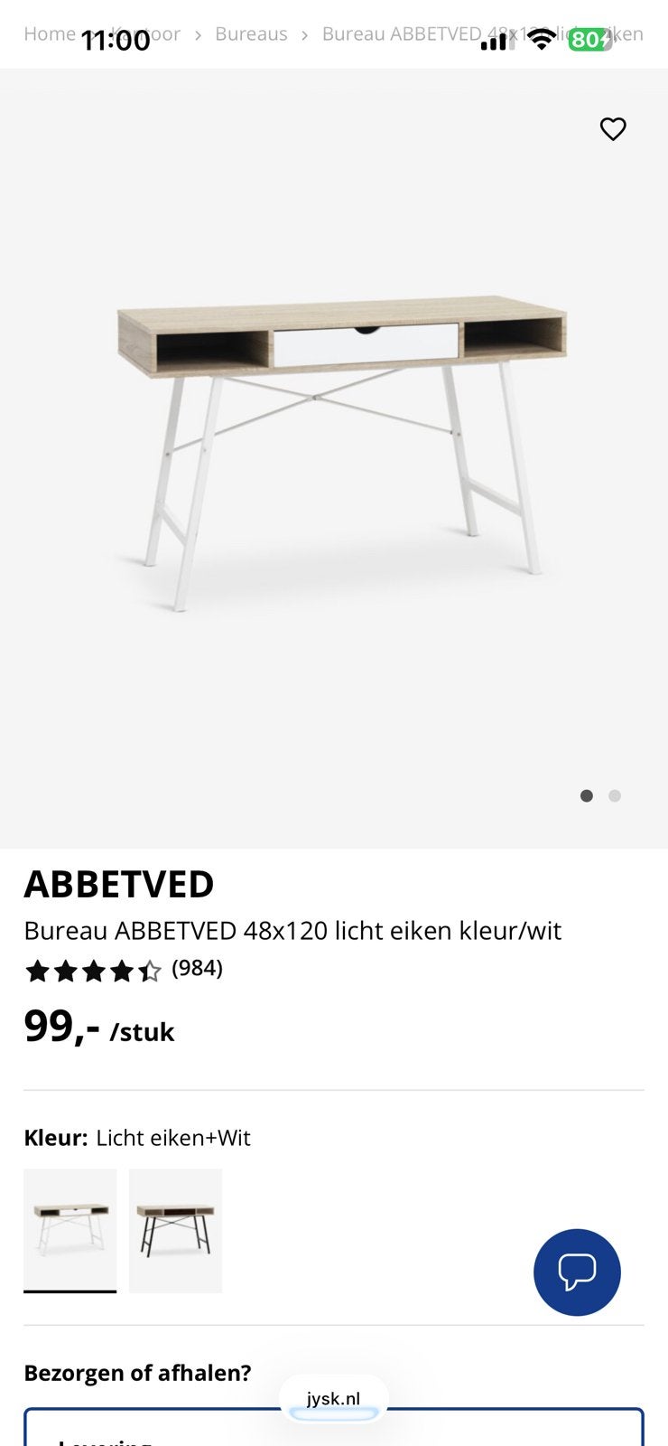 Wit JYSK bureau ABBETVED z.g.a.n, Huis en Inrichting, Bureaus, Ophalen, Zo goed als nieuw