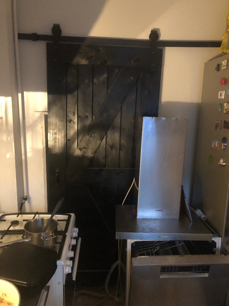 Barndoor zwart met geleidesysteem, Ophalen, 80 tot 100 cm, Binnendeur, Zo goed als nieuw