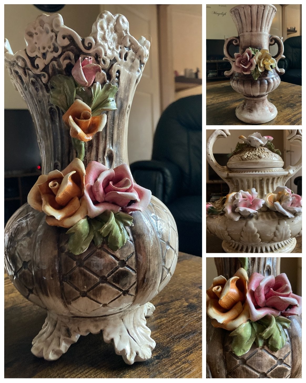 Vintage vazen en theepot met rozen decoratie, Antiek en Kunst, Antiek | Vazen, Ophalen
