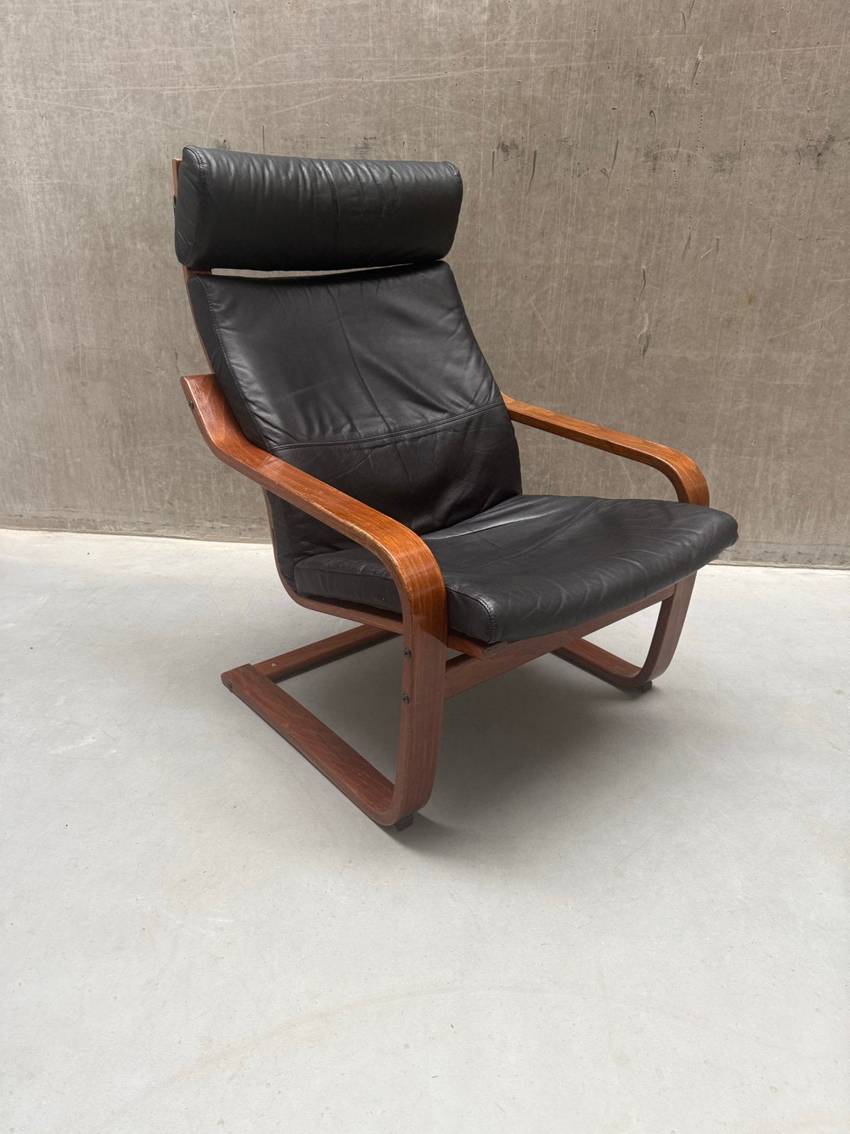 Vintage IKEA POÄNG fauteuil zwart leer, jaren 80, Ophalen of Verzenden