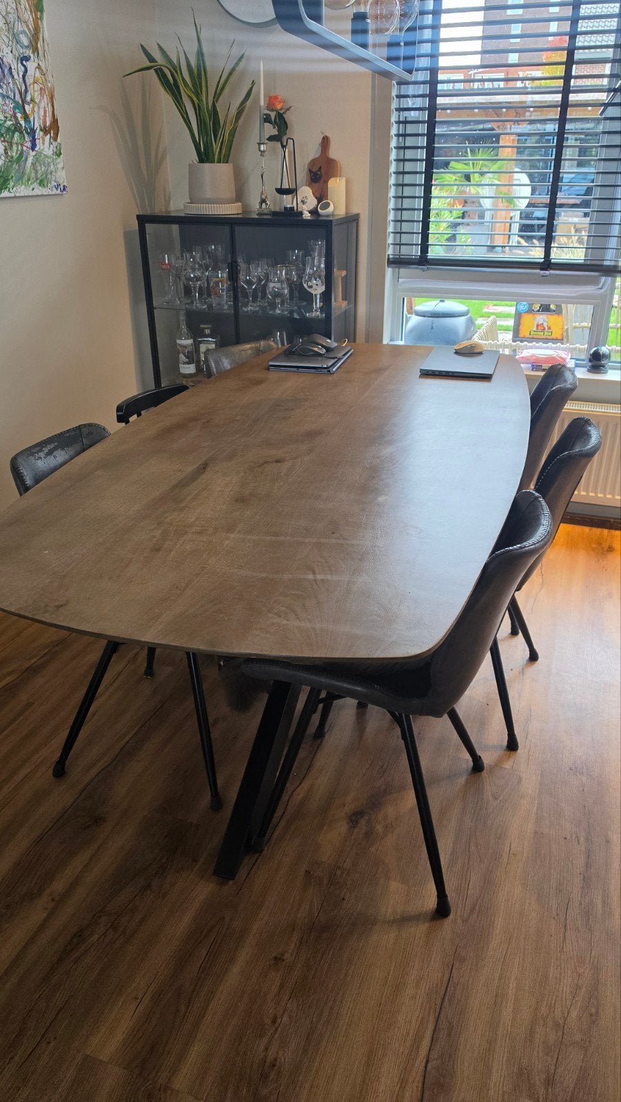 6 Antraciet gemêleerde eetkamerstoelen met industriële poten, Ophalen, Gebruikt, Metaal, Grijs